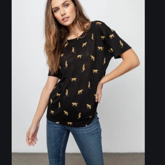Rails Davie Black Wild Cats Linen Blend Sheer Tee Shirt Women’s Small Casual - Picture 2 of 14